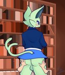 anthro anthrofied backsack balls blue_clothing blue_shirt blue_topwear blush bottomwear butt butt_grab clothed clothing crossdressing detailed_background duo flustered forked_tail fur furgonomics genitals green_body green_fur hand_on_butt inside library looking_back male partially_clothed pokemorph shirt skirt solo_focus tail tail_through_skirt topwear uniform unusual_anatomy unusual_tail magnetiorchid nintendo pokemon makoto_(nonbearnary) eeveelution espeon generation_2_pokemon pokemon_(species) shiny_pokemon 2021 clip_studio_paint_(artwork) digital_media_(artwork) hi_res portrait three-quarter_portrait