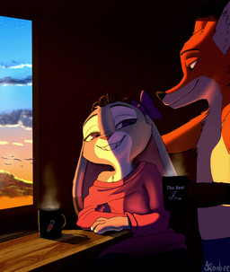anthro buckteeth chest_tuft clothed clothing cloud coffee_mug container cup duo ears_down female fur furniture grin hand_on_head holding_container holding_cup holding_object inside male male/female off_shoulder pivoted_ears sitting sky smile smiling_at_another smiling_at_each_other sunset sweater table teeth topless topwear tuft kionant third-party_edit disney zootopia judy_hopps nick_wilde canid canine fox lagomorph leporid mammal rabbit red_fox true_fox 2022 colored signature
