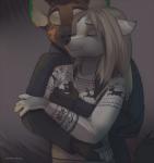 5_fingers anthro banzay black_nose blonde_hair breast_grab breasts canid canine canis clothed clothing domestic_dog duo embrace eyes_closed female fingers hair hand_on_breast hug hyena koul koul_fardreamer male mammal romantic romantic_couple simple_background smile spotted_hyena wolf