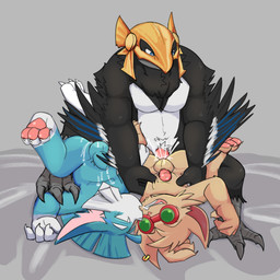 anal anal_penetration animal_genitalia anthro armor balls black_body black_feathers blue_body blue_fur bodily_fluids brown_body brown_fur canon_x_oc clothing costume cum cum_in_ass cum_inside feathers flaccid fur genital_fluids genitals group headgear helmet kissing male male/male penetration penis sheath side_by_side trio white_body white_feathers mousesix league_of_legends riot_games tencent azir_(lol) caust rumble_(lol) ziggs_(lol) avian mammal yordle absurd_res hi_res
