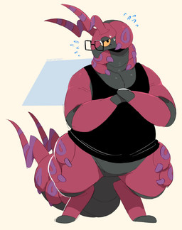 anthro bodily_fluids bottomless clasped_hands clothed clothing eyewear glasses grey_body grey_skin horn looking_at_viewer male orange_eyes partially_clothed pink_body pink_skin pokemorph purple_body purple_skin shirt simple_background solo standing sweat tank_top topwear bennycartoonist nintendo pokemon arthropod centipede generation_5_pokemon myriapod pokemon_(species) scolipede absurd_res hi_res signature
