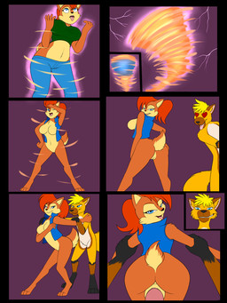 8_panel_comic anthro anus bedroom_eyes black_border blonde_hair blue_clothing blue_eyes blue_topwear blue_vest border bottomwear breasts brown_body brown_bottomwear brown_clothing brown_fur brown_pants clothed clothing duo electricity featureless_breasts female fur gender_transformation genitals green_clothing green_shirt green_topwear hair heart_eyes heart_symbol human_to_anthro lightning male mask_transformation mtf_transformation narrowed_eyes orange_body orange_fur pants penetration penile penile_penetration penis penis_in_vagina pink_aura red_hair seductive sex shirt species_transformation tongue tongue_out topwear tornado transformation vaginal vaginal_penetration vest vulva tomek1000 sega sonic_the_hedgehog_(series) dune_(fox0808) sally_acorn canid canine chipmunk fox ground_squirrel mammal rodent sciurid 2020 3:4 colored comic hi_res
