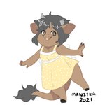 anthro big_tail biped bow_ribbon broken_horn brown_body brown_fur chest_tuft claws clothed clothing dress female flat_chested fur grey_hair grey_horn hair hooves horn on_one_leg open_mouth orange_eyes polka_dot_dress short_hair simple_background smile solo sparkles standing tail teeth text tuft white_background yellow_clothing yellow_dress manitka manitka_storm bovid bovine cattle mammal 1:1 2021 artist_name dated digital_media_(artwork) hi_res