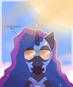 1_horn ambiguous_feral ambiguous_gender black_body black_horn blue_hair cloud dialogue eyewear feral front_view hair highlights_(coloring) horn orange_eyewear orange_sunglasses purple_highlights quadruped sky solo sparkles sparkling_hair spiral_horn sun sunglasses teeth text nnalyart friendship_is_magic hasbro my_little_pony mythology nightmare_moon_(mlp) equid equine mammal mythological_creature mythological_equine unicorn absurd_res digital_drawing_(artwork) digital_media_(artwork) english_text hi_res paintstorm_(artwork) shaded