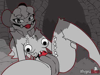 anthro ball_gag belly_mouth bottomwear clothing female gag googly_boobs googly_eyes loincloth looking_at_viewer simple_background sitting small_waist solo spread_legs spreading thick_thighs whygena mammal mimic mouse murid murine rodent 2d_animation 4:3 animated frame_by_frame