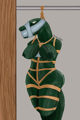 anthro arms_tied bdsm big_breasts bondage bound breasts butt curvy_figure duct_tape eyelashes female fully_bound gag gagged green_body green_eyes green_nipples green_tail hands_behind_back legs_tied looking_down muffled nipples nude nude_anthro nude_female restraints rope rope_bondage rope_harness solo submissive submissive_anthro submissive_female suspension suspension_bondage tail tan_rope tape tape_gag corvus_ravenstein crocodilian reptile scalie 2024 absurd_res hi_res