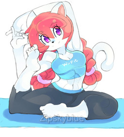bottomwear braided_hair breasts capri_pants cleavage clothed clothing cosplay female fur hair midriff muscular muscular_female navel pants purple_eyes shirt smile solo tail tank_top topwear white_body white_fur yoga yoga_mat yoga_pants zipskyblue nintendo wii_fit kyoko_(zipskyblue) wii_fit_trainer felid feline mammal hi_res