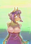 anthro big_breasts breasts cleavage clothed clothing dress ear_piercing ear_ring facial_piercing female nose_piercing piercing ring_piercing septum_piercing solo bbravaa kimmy_(bbravaa) deer mammal hi_res