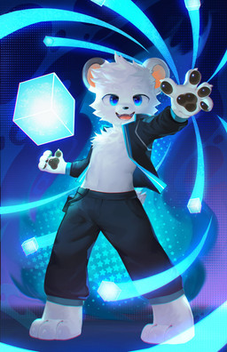 3_toes 4_fingers anthro biped black_bottomwear black_clothing black_jacket black_pants black_pawpads black_topwear blue_eyes bottomwear clothed clothing feet fingers fur jacket looking_at_viewer magic_user male open_clothing open_jacket open_mouth open_topwear pants pawpads shota solo standing toes topwear white_body white_fur young young_anthro young_male fur_alasky bear mammal 2026 absurd_res hi_res