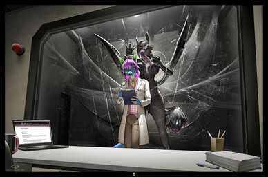 5_fingers against_surface anthro arthropod_webbing black_body blue_body bodily_fluids bottomwear breast_squish breasts breasts_on_glass clothing coat computer container cuffs_(clothing) cup desk duo ear_piercing electronics eyewear fangs female fingers footwear furniture genital_fluids genitals glasses hair lab_coat laptop licking long_tongue male male/female navel navel_piercing necktie nipple_piercing nipples nude on_glass pants paper piercing purple_hair purple_nipples round_glasses saliva shirt shoes size_difference squish table tail tail_mouth teeth tongue tongue_out topwear unusual_anatomy unusual_tail vaginal_fluids vest white_eyes codyblue-731 scp_foundation icarus_skyhawk arachnid arthropod canid canine hybrid mammal 2025 hi_res