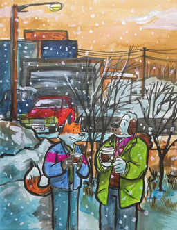 anthro biped bottomwear car clothing coffee_cup container cup denim denim_bottomwear denim_clothing dipstick_tail duo ears_down floppy_ears hair jacket jeans male markings pants pivoted_ears plant power_lines snow snowing standing street_lamp tail tail_markings topwear tree vehicle white_hair billy_fore beagle canid canine canis domestic_dog fox hunting_dog mammal scent_hound