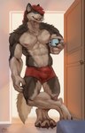 4_toes 5_fingers abs anthro barefoot beverage black_nose bulge claws clothed clothing coffee coffee_mug fangs feet finger_claws fingers fur grey_body grey_fur hair hindpaw humanoid_hands male muscular muscular_anthro muscular_male navel nipples paws red_hair smile solo teeth toes topless topless_anthro topless_male underwear zephyxus storm_(stormwx_wolf) canid canine canis mammal wolf 2023 signature