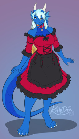 2_horns 4_toes 5_fingers anthro bare_shoulders barefoot biped black_clothing black_dress blonde_hair blue_body blue_eyebrows blue_eyes blue_hair blue_scales blue_tail breasts claws clothed clothed_anthro clothed_female clothing collar collar_tag countershade_scales countershade_tail countershade_torso countershading dress ear_frill eyebrow_through_hair eyebrows eyelashes feet female female_anthro finger_claws fingers frill_(anatomy) frilly frilly_clothing frilly_dress front_view gradient_background grey_background grey_text hair hair_between_eyes horn humanoid_hands iris long_hair long_tail looking_at_viewer medium_breasts multicolored_clothing multicolored_dress multicolored_hair non-mammal_breasts non-mammal_hair open_mouth open_smile pupils purple_background red_clothing red_collar red_dress reverse_countershading scales simple_background smile smiling_at_viewer solo standing tail teeth text toe_claws toes tongue translucent translucent_hair two_tone_clothing two_tone_dress white_claws white_hair white_horn white_sclera kittydee mythology dragon mythological_creature mythological_scalie scalie wingless_dragon 2026 artist_name dated digital_drawing_(artwork) digital_media_(artwork) full-length_portrait hi_res portrait
