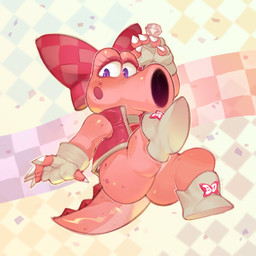 accessory anthro boots bow_ribbon butt claws clothing diamond_(gem) female fingerless_gloves footwear gem gloves hair_accessory hair_bow hair_ribbon handwear jewelry looking_at_viewer pattern_background pink_body purple_eyes ribbons shoes simple_background solo topwear vest onimiere mario_bros mario_kart mario_kart_world nintendo birdo_(character) birdo scalie 1:1 absurd_res hi_res