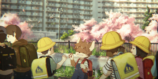anthro backpack cherry_blossom clothing eyes_closed female flower gesture grin group hand_pawpads hat headgear headwear japan kemono male outside overalls pattern_clothing pattern_shirt pattern_topwear plant prunus_(flower) shirt smile striped_clothing striped_shirt striped_topwear stripes topwear waving young young_anthro young_female young_human young_male nishiko24 ookami_(nishiko24) canid canine canis human mammal wolf 2021 absurd_res hi_res japanese_description