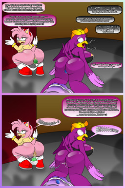 age_regression aged_down animal_noises anthro bodily_fluids clothing duo egg female female/female genital_fluids genitals lactating macro male oversized_clothing oviposition shrinking size_difference size_transformation squawking text transformation vaginal_oviposition vulva myicrolewdz sega sonic_riders sonic_the_hedgehog_(series) amy_rose jet_the_hawk sonic_the_hedgehog wave_the_swallow avian bird eulipotyphlan hedgehog hirundinid mammal oscine passerine swallow_(bird) absurd_res comic english_text hi_res