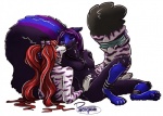 anthro blue_stripe collar cuddling cuff_(restraint) digitigrade duo female hair markings nude pigtails purple_hair red_hair restraints romantic romantic_couple shackles striped_markings striped_tail stripes tail tail_markings tanks_(artist) chatin_naidoo mae_firewind felid mammal mephitid pantherine skunk striped_skunk tiger