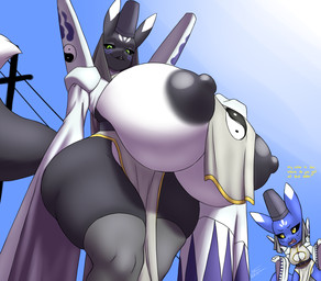 anthro areola big_breasts black_body black_fur blue_body blue_fur breast_curtains breasts chibi cleavage_cutout clothing cutout dark_sclera duo exposed_breasts female fur green_eyes hat headgear headwear huge_breasts hyper hyper_breasts legwear looking_at_viewer looking_down low-angle_view nipples stockings thick_thighs white_body white_fur yellow_eyes yin_yang furball bandai_namco digimon mazed canid canine digimon_(species) doumon fox mammal taomon hi_res