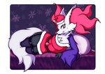 anthro bed breasts christmas_clothing christmas_headwear clothing eyeshadow fangs female furniture garter_straps hat headgear headwear holidays lingerie looking_at_viewer lying makeup markings medium_breasts mole_(marking) on_side santa_hat solo teeth mahoxy christmas nintendo pokemon dahlia_(mahoxy) canid canine delphox generation_6_pokemon mammal pokemon_(species) shiny_pokemon hi_res