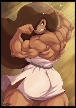 angry anthro biceps big_breasts big_butt big_muscles breasts brown_body brown_hair butt clothed clothing dress female flexing flexing_bicep fur hair hair_over_eye huge_muscles huge_thighs long_hair looking_back muscular muscular_anthro muscular_female one_eye_obstructed solo standing thick_thighs wide_hips g4rron adventure_time cartoon_network samantha_(adventure_time) canid canine canis domestic_dog mammal absurd_res digital_media_(artwork) hi_res