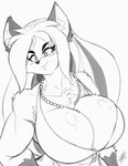 anthro athletic athletic_anthro athletic_female big_breasts bikini breasts cleavage clothed clothing female gem hair huge_breasts jewelry long_hair looking_aside necklace pearl_(gem) pearl_necklace smile solo swimwear two-piece_swimsuit chalo kaia_morgan canid canine fox mammal monochrome