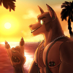 anthro barbell_piercing black_clothing black_topwear brown_body brown_fur brown_nipples clothed clothing devil_horns_(gesture) ear_piercing eyewear fangs fur gesture glasses glistening glistening_eyes green_eyes hand_gesture ineffective_clothing looking_at_viewer male muscular muscular_anthro muscular_male nipple_barbell nipple_piercing nipples outside palm_tree pecs piercing plant solo sun teeth topwear tree wearing_glasses acidwuff canid mammal 1:1 hi_res