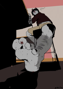 4_toes anthro barefoot black_hair blood bodily_fluids bottomwear chair clothed clothing crush crushed_micros death dirty dirty_feet duo extreme_size_difference feet foot_crush foot_fetish foot_focus foot_play fur furniture gore grey_body grey_fur group hair humanoid_feet larger_anthro larger_male low-angle_view male micro plantigrade red_eyes sitting size_difference smaller_male snuff soles solo_focus stomping table tan_clothing toes tongue tongue_out topwear trio white_body jibjoblemeza mammal hi_res