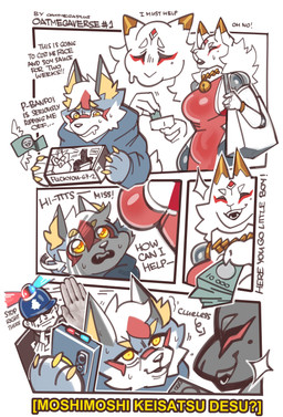 anthro big_breasts breasts clothed clothed_anthro clothed_female clothed_male clothing dialogue duo_focus female fur group machine male markings money police red_clothing red_markings side_boob text trio white_body white_fur yellow_eyes oatmegaplus canid canine fox human mammal robot 2026 absurd_res comic english_text hi_res