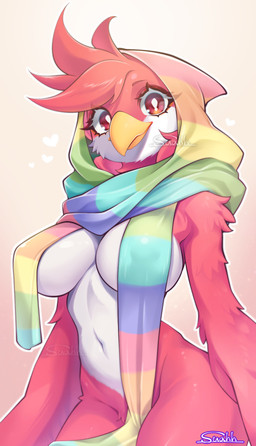 anthro arm_tuft beak big_breasts breast_curtains breasts covered_nipples curvy_figure eyelashes feathers female fur heart_symbol looking_at_viewer mostly_nude multicolored_scarf navel nipple_outline non-mammal_breasts non-mammal_navel rainbow_scarf red_body red_eyes red_feathers scarf scarf_only shoulder_tuft simple_background small_waist smile smiling_at_viewer solo thick_thighs tuft under_boob white_body white_fur wide_hips suahh chucklefish starbound reesha_(rovu) avian avian_(starbound) 2025 hi_res signature watermark
