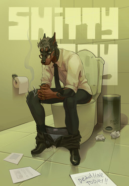 anthro bottomless bottomless_male bottomwear bottomwear_down cigarette clothed clothing eyewear facial_piercing glasses implied_scat male nose_piercing office_clothing on_toilet pants pants_down partially_clothed piercing profanity sitting sitting_on_toilet smoking solo stressed toilet toilet_use plgdd dim333 canid canine canis dobermann domestic_dog mammal pinscher hi_res