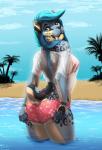 2016 anthro beach belly bikini black_body black_fur black_markings black_nose black_tail blue_body blue_eyes blue_fur blue_hair blue_sky blue_tail bottomwear breasts butt clothed clothing clothing_pull cloud day detailed_background digital_media_(artwork) eyelashes facial_markings fangs felid female fingerless_(marking) fur hair head_markings kylani kyma legs_in_water long_hair looking_at_viewer looking_back mammal markings multicolored_body multicolored_fur multicolored_hair multicolored_tail off_shoulder outside palm_tree panties panty_pull partially_submerged pink_bottomwear pink_clothing pink_topwear pinup plant portrait pose rear_view saber-toothed_tiger sabertooth_(anatomy) sand seaside shirt short_tail sky smile solo standing submerged_legs swimwear tail teeth three-quarter_portrait three-quarter_view topwear translucent translucent_clothing translucent_topwear tree two_tone_hair underwear underwear_pull water wet wet_clothing wet_shirt wet_topwear whiskers yellow_body yellow_fur yellow_tail