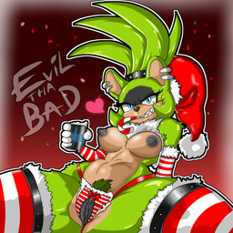 anthro areola armwear bedroom_eyes blue_eyes breasts candy candy_cane candy_cane_in_mouth christmas_clothing christmas_headwear clitoral_hood clothing container cup dessert ear_piercing ear_ring female food fur genitals green_body hair half-closed_eyes hat headgear headwear holding_container holding_cup holding_object holidays legwear looking_at_viewer mostly_nude narrowed_eyes nipples piercing pubes ring_piercing santa_hat seductive sharp_teeth simple_background sitting smile solo spread_legs spreading stockings teeth underwear vulva evilthabad christmas idw_publishing sega sonic_the_hedgehog_(comics) sonic_the_hedgehog_(idw) sonic_the_hedgehog_(series) surge_the_tenrec afrosoricid mammal tenrec 1:1 absurd_res digital_media_(artwork) hi_res