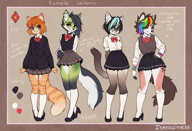 anthro biped bottomwear breasts clothed clothed_anthro clothed_female clothing female fingers footwear fully_clothed fully_clothed_anthro fully_clothed_female fur group hair high_heels looking_at_viewer miniskirt pleated_skirt school_uniform shoes skirt smile tail topwear uniform iskra atina_(iskra) mai_karmel valentina_(iskra) vera_(iskra) canid canine domestic_cat felid feline felis fox mammal siamese_cat 2025 hi_res