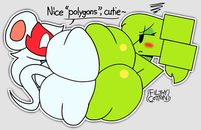 anthro big_butt black_eyes blush butt butt_squish dialogue duo eyelashes eyeshadow female female/female female_humanoid fur green_body green_eyeshadow green_hair green_skin grey_background hair huge_butt makeup mask mask_only nude nude_anthro nude_female pigtails simple_background square_(anatomy) square_head squish tail text wearing_mask white_body white_eyes white_fur filthycottonart unfortu-nate mario_bros nintendo paper_mario mimi_(paper_mario) ms._mowz humanoid little_mouser mammal mouse murid murine rodent 2026 digital_media_(artwork) english_text