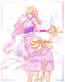 animal_ears blonde_hair braided_tail clothed clothed_female clothed_taur clothing dress female gloves hair handwear long_hair looking_back magical_girl_outfit magical_girl_wand one_eye_closed pink_clothing pink_dress rear_view solo tail taur_clothing white_clothing white_gloves white_handwear antimarkman european_mythology greek_mythology mythology centaur equid equid_taur humanoid_taur mammal mammal_taur taur absurd_res hi_res