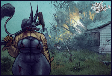 anthro areola axe big_breasts blood blue_body blue_border blue_fur bodily_fluids border bottomless bra breasts clothed clothing detailed_background explosion female fur genitals huge_breasts huge_hips huge_thighs looking_at_viewer melee_weapon muscular muscular_anthro muscular_female raining scar solo teeth thick_thighs tight_clothing underwear vulva weapon wide_hips wounded sligarthetiger dubmare canid canine mammal