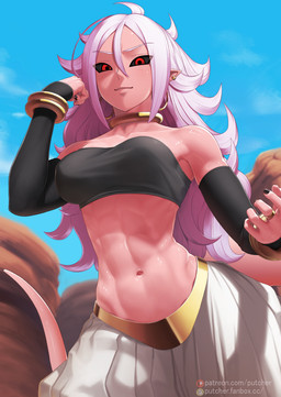 5_fingers armwear athletic athletic_female athletic_humanoid breasts clothing cloud day ear_piercing ear_ring female fingers hair humanoid_pointy_ears long_hair looking_at_viewer navel not_furry piercing pink_body pink_skin pointy_ears red_eyes ring_piercing rock sky solo text white_hair putcher dragon_ball dragon_ball_fighterz android_21 majin_android_21 alien alien_humanoid humanoid majin 2021 hi_res url