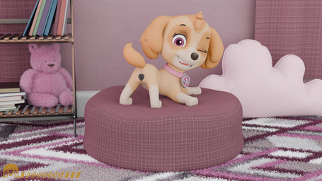 female feral furniture genitals ottoman solo vulva young young_feral unknowndata paw_patrol skye_(paw_patrol) canid canine canis cockapoo domestic_dog mammal mixed_breed 3d_(artwork) digital_media_(artwork) hi_res