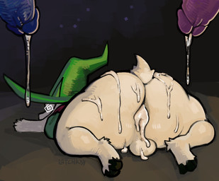 after_sex anthro backsack balls big_butt bodily_fluids bottomless butt clothed clothing cum cum_drip disembodied_penis dripping femboy fur genital_fluids genitals green_clothing group hat headgear headwear hooves horn huge_butt leaking_cum long_ears male male/male penis robe short_tail spiral spiral_eyes tail trio white_body white_fur witch_hat latchk3y deltarune undertale_(series) kris_dreemurr ralsei susie_(deltarune) boss_monster_(undertale) bovid caprine darkner goat mammal 2024 gynomorph_(lore)