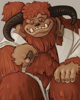 bathrobe black_nose brown_body brown_skin cigar clothing curved_horn fur horn long_ears long_fur long_tail male not_furry orange_body orange_eyes orange_fur robe sitting slightly_chubby slightly_chubby_male smile smoking smoking_cigar solo tail tusks ravuer labyrinth_(film) ludo_(labyrinth) humanoid monster 4:5 absurd_res hi_res