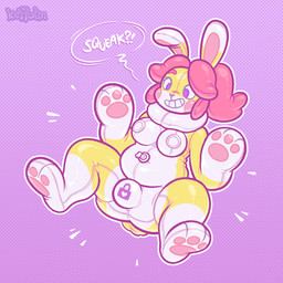 anthro breasts dialogue glistening glistening_body gynomorph hair implied_transformation inflatable intersex lock_bulge lock_symbol nipples nozzle_on_belly nude null_bulge pawpads permanent_smile pink_background pink_hair purple_eyes seam_(sewing) simple_background smile solo tail text white_body yellow_body keffotin soleil_(keffotin) animate_inanimate lagomorph leporid living_inflatable mammal rabbit 1:1 2020 digital_media_(artwork) english_text hi_res trans_(lore) trans_woman_(lore)