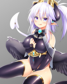blush clothing ear_piercing ear_ring feathered_wings feathers female horn looking_at_viewer not_furry piercing ring_piercing sitting solo tongue wings mofuaki humanoid winged_humanoid 2015