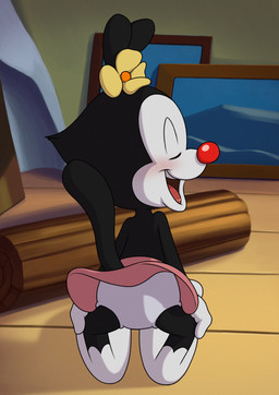 anthro black_body black_fur blush bottomwear butt clothed clothing female flower flower_accessory fur gloves handwear loli open_mouth panties plant red_nose scene_interpretation shaking_butt skirt solo tail topless underwear upskirt white_body white_clothing white_fur white_panties white_underwear young young_anthro young_female minum animaniacs warner_brothers dot_warner inkblot absurd_res hi_res