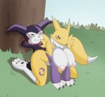 anthro big_breasts big_penis breasts duo female feral genitals hot_dogging male male/female park penis public rubbing sex riffsandskulls bandai_namco digimon canid canine digimon_(species) humanoid imp impmon mammal renamon