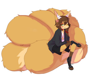 9_tails ambiguous_gender anthro bell bell_collar big_tail biped black_bottomwear black_clothing black_jacket black_shorts black_topwear bottomwear brown_body brown_fur brown_hair clothed clothed_ambiguous clothed_anthro clothing collar crossed_legs fur green_eyes hair huge_tail hyper hyper_tail inner_ear_fluff jacket looking_at_viewer medium_hair multi_tail open_clothing open_jacket open_topwear pose shirt shorts simple_background sitting sitting_on_tail smile solo tail tan_body tan_fur text topwear tuft white_background vinael canid canine fox mammal 2023 artist_name colored nonbinary_(lore)