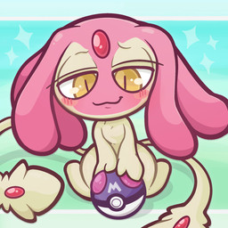 2_tails ambiguous_gender anthro big_eyes blush blush_stickers chibi featureless_chest female feral gem glistening glistening_body glistening_eyes half-closed_eyes kneeling master_ball multi_tail narrowed_eyes pink_body pokeball simple_background smile smiling_at_viewer smug smug_face solo tail tan_body wide_hips yellow_eyes arnkleblarn nintendo pokemon generation_4_pokemon legendary_pokemon mesprit pokemon_(species) shiny_pokemon hi_res