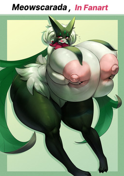 anthro areola big_breasts biped blush breasts eyelashes female female_anthro fingers fur green_background green_body green_fur green_hair hair holding_breast huge_breasts hyper hyper_breasts nipples open_mouth open_smile pink_areola pink_nipples pupils simple_background smile solo thick_thighs yboon nintendo pokemon generation_9_pokemon meowscarada pokemon_(species) absurd_res hi_res