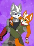 5_fingers anthro carrying_another chest_tuft clothed clothing duo fingers fully_clothed fur grey_body grey_fur grin hair male male/male orange_body orange_fur simple_background smile tuft blackwingedheart87 nintendo star_fox fox_mccloud wolf_o'donnell canid canine canis fox mammal wolf hi_res