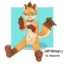 4_toes 5_fingers anthro arm_tuft balls brown_body brown_ears brown_fur cake candy cherry chocolate chocolate_cake claws clothing collar cupcake dessert dipstick_tail erection eye_scar eyebrows facial_scar facial_tuft fangs feet finger_claws fingers fluffy fluffy_tail food food_on_face food_on_head foot_on_tail foreskin fruit fur genitals glistening glistening_eyes gloves green_eyes handwear happy_birthday holding_food holding_object inner_ear_fluff kemono leg_markings male male_anthro markings multicolored_body multicolored_fur navel nude one_eye_closed open_mouth orange_body orange_fur pawpads penis plant red_clothing red_collar red_gloves red_handwear red_inner_ear red_pawpads scar shoulder_tuft simple_background sitting smile smiling_at_viewer socks_(marking) solo tail tail_markings teeth text toe_claws toes tuft two_tone_body two_tone_fur white_background white_balls white_body white_eyebrows white_fur white_inner_ear_fluff white_penis young young_anthro young_male regcron nekowuwu_(character) canid canine fox mammal 1:1 2025 english_text hi_res