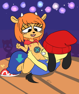 anthro bottomless bottomwear clothed clothing clothing_lift duo female female_penetrated footwear fur hair hat headgear headwear horn lipstick makeup male male/female male_penetrating male_penetrating_female nipples orange_body orange_fur orange_hair pants penetration penile penile_penetration penis_in_vagina sex shirt shirt_lift shoes stage topwear vaginal vaginal_penetration yellow_body yellow_fur mt parappa_the_rapper sony_corporation sony_interactive_entertainment um_jammer_lammy lammy_lamb parappa bovid canid canine canis caprine domestic_dog mammal sheep 5:6 hi_res